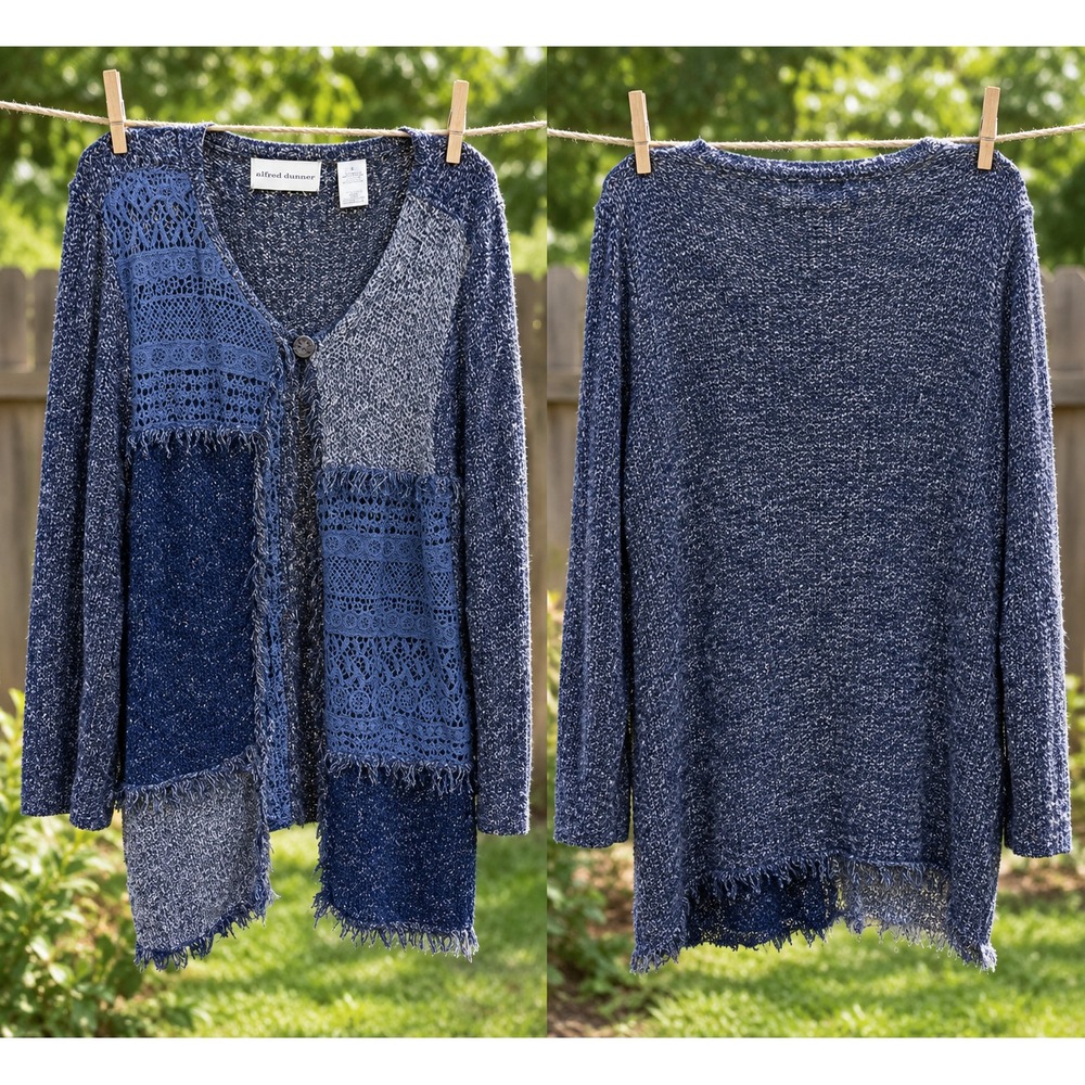 Alfred Dunner Women's L Blue Patchwork Knit Cardigan Fringe Textured Cotton